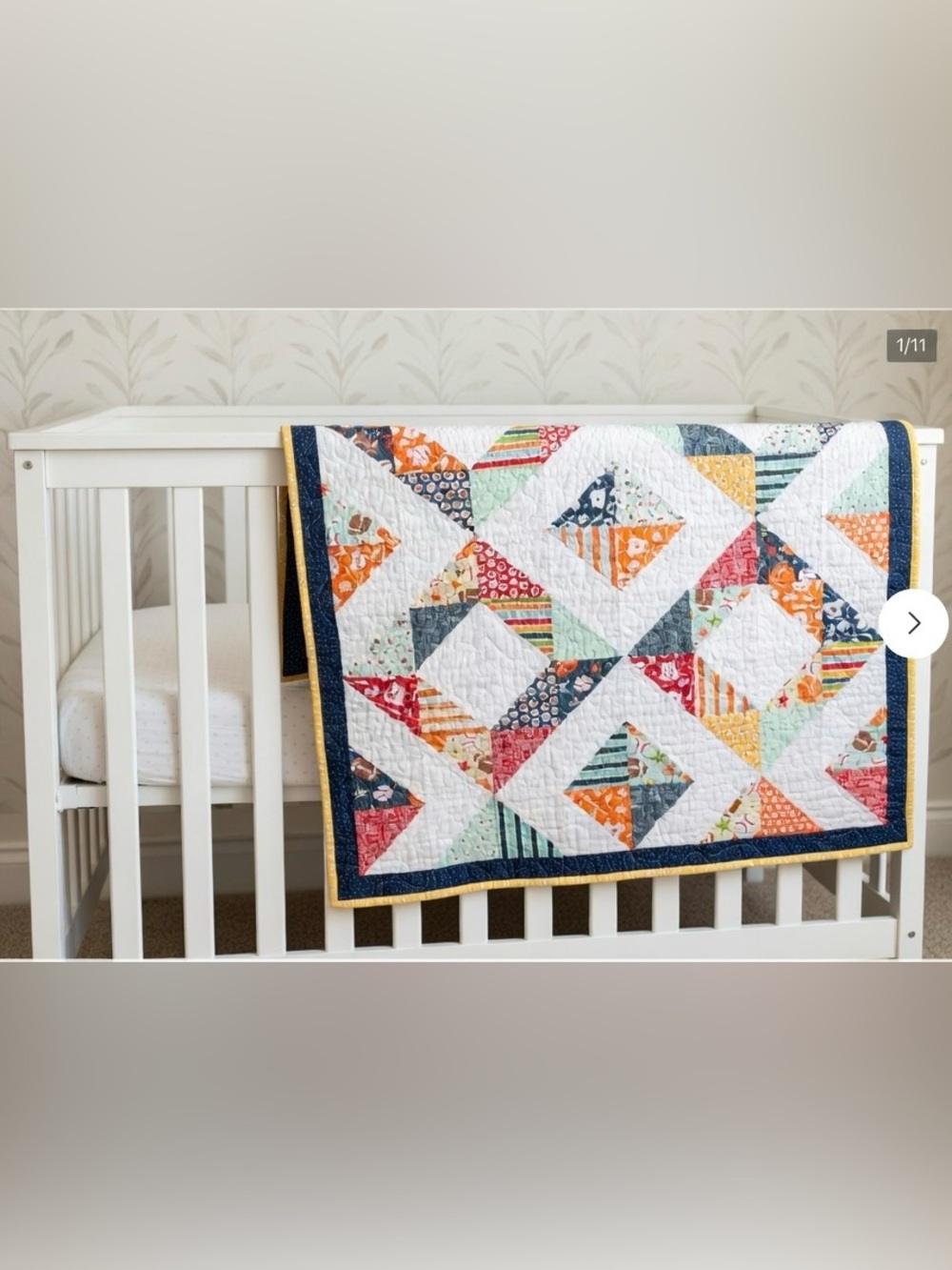 Handmade Sporty Multicolor Patchwork Crib Quilt 37.5”x 31.5”